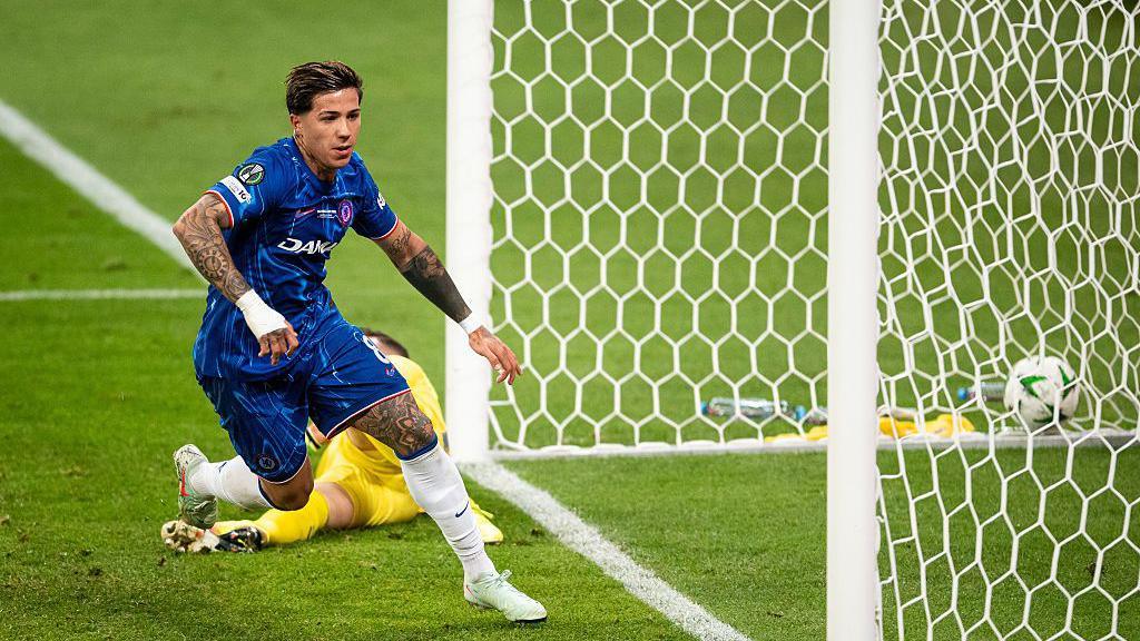 Enzo Fernandez scoring Chelsea's first goal.