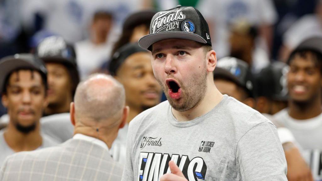 Luka Doncic celebrates reaching the NBA Finals