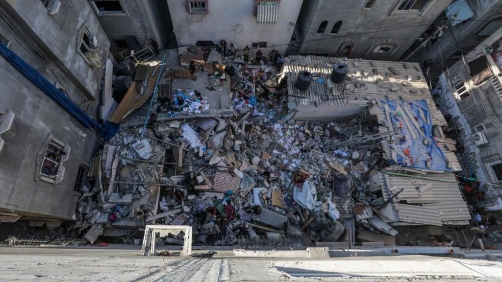 Ariel-view of damage to home in Al-Maghazi refugee camp in the Gaza Strip