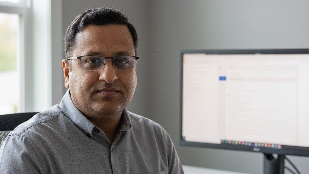 Abhishek Singh, wearing glasses, sits on an office chair in front of a computer screen.