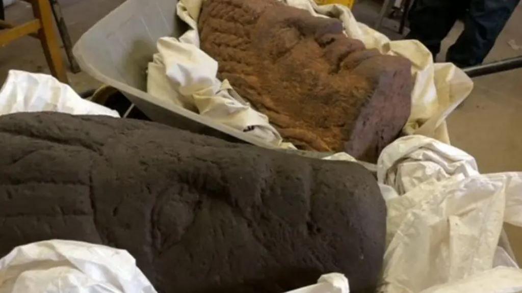 Two large sandstone Roman sculpture lying side by side in wheelbarrows and wrapped in white sheets. One is a lighter brown that the other and both appear to have their eyes closed. 