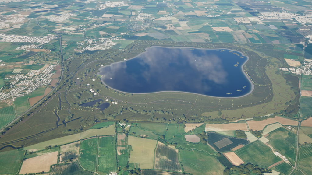 Computer generated image of proposed Abingdon Reservoir from the North of Oxfordshire from a bird's eye view