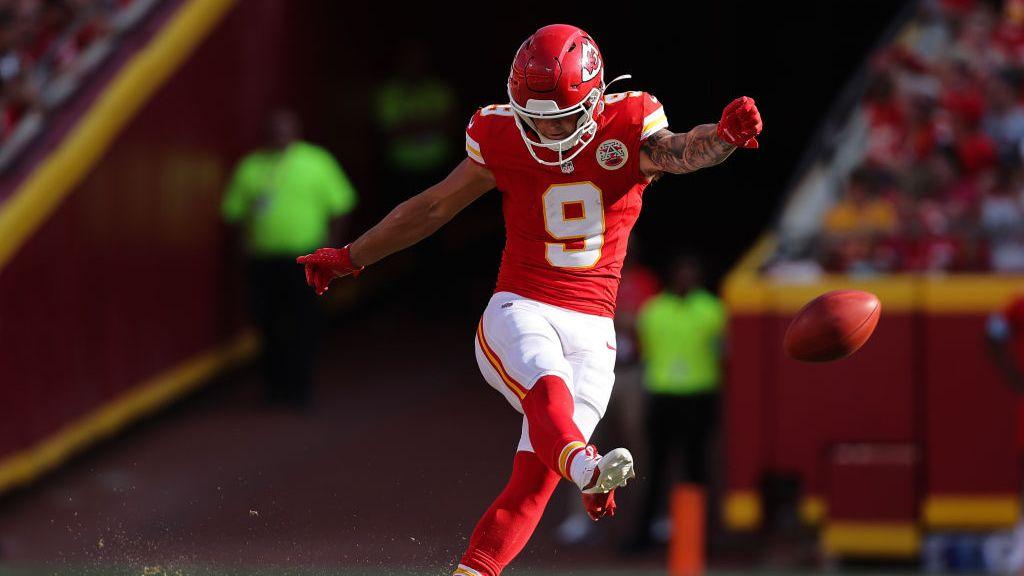 Louis Rees-Zammit kicks during Kansas City Chiefs' clash with Detroit Lions