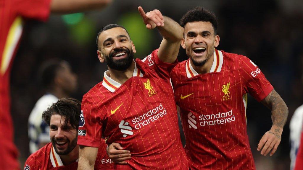 Mohamed Salah celebrates scoring against Tottenham