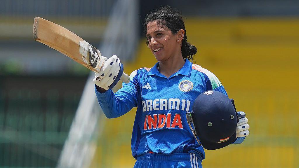 Smriti Mandhana reacts to her century during game the Women's Tri Nation ODI Series Final between Sri Lanka and India at R. Premadasa Stadium on May 11, 2025 in Colombo, Sri Lanka