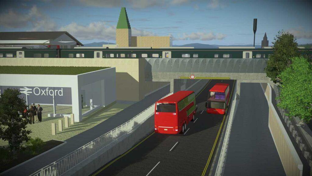 An artistic impression of the Oxford rail station upgrade, with a new railway bridge and western access. There are two red double decker busses on the road.