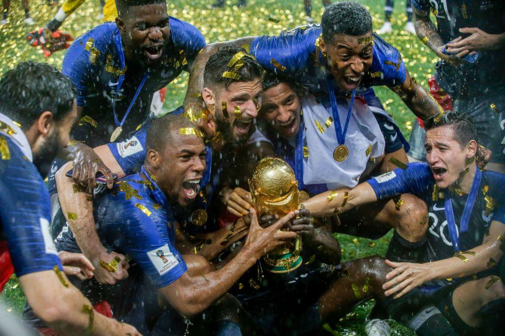 Players from France celebrate the 2018 World Cup title after a 4-2 win against Croatia