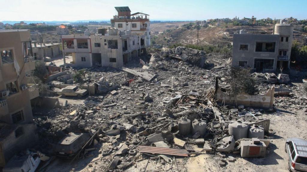 This picture shows the destruction in a area targeted overnight by Israeli airstrikes in Lebanon's town of Saksakiyeh, on September 26, 2024.