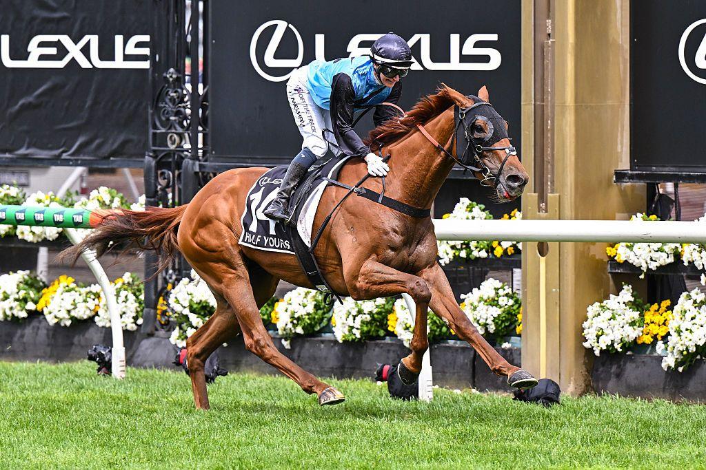 Jockey wearing a light blue top on a brown horse in a race 