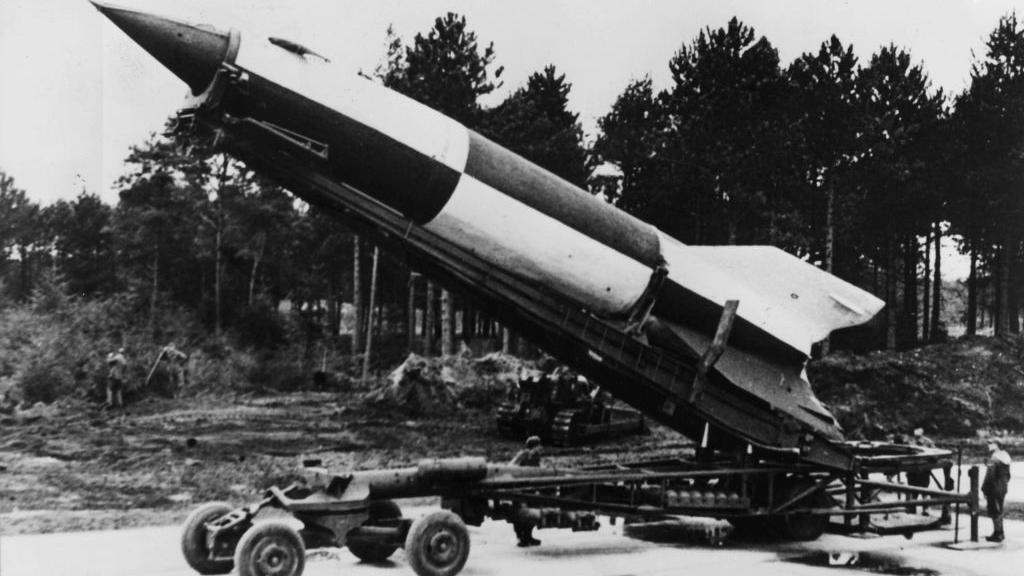 A German V-2 rocket in 1945 ready for launching at Cuxhaven in Luneburg district, Lower Saxony