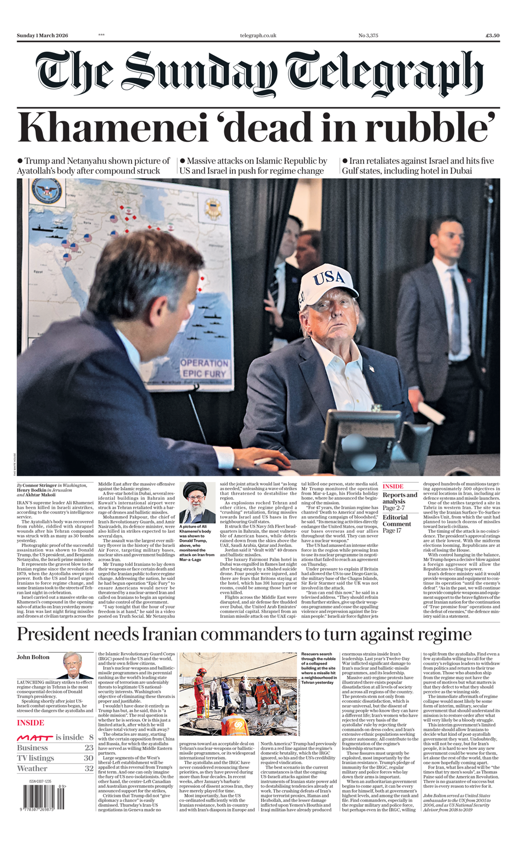 The headline on the front page of the Sunday Telegraph reads: "Khamenei 'dead in rubble'".