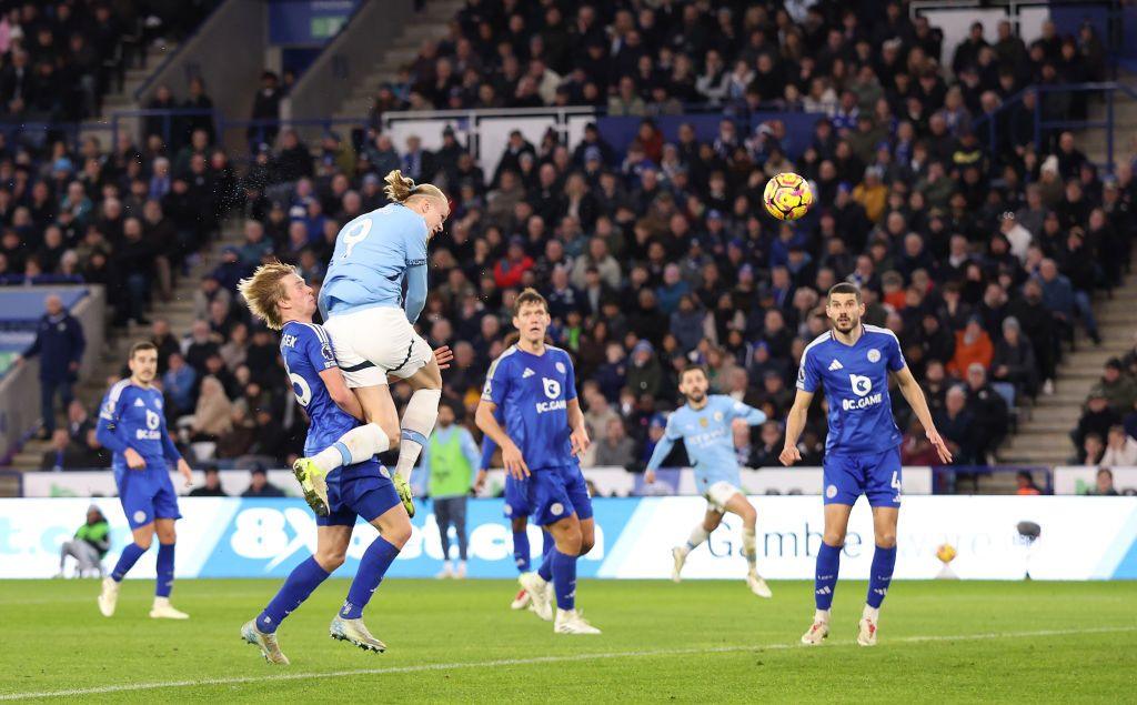 Erling Haaland scores against Leicester 