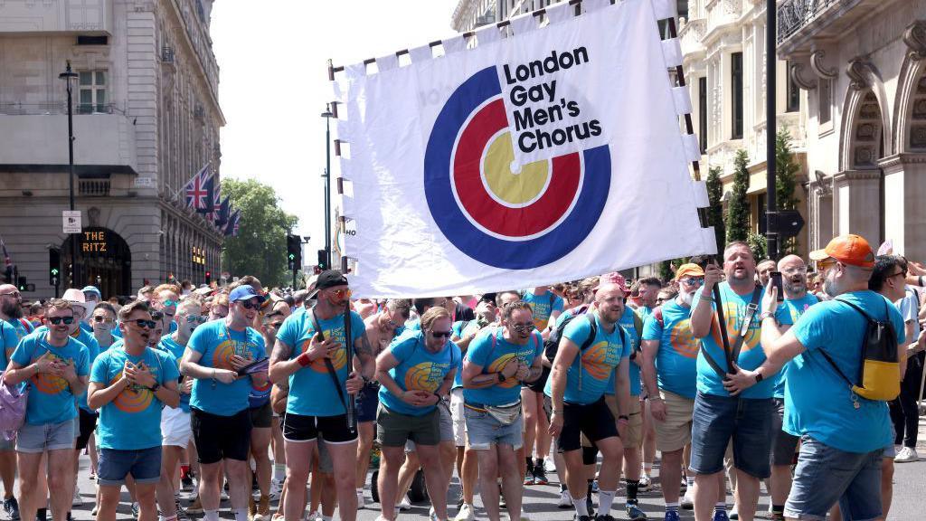 Members of the London Gay Men's Chorus during the Pride In London 2024 parade on June 29, 2024 in London