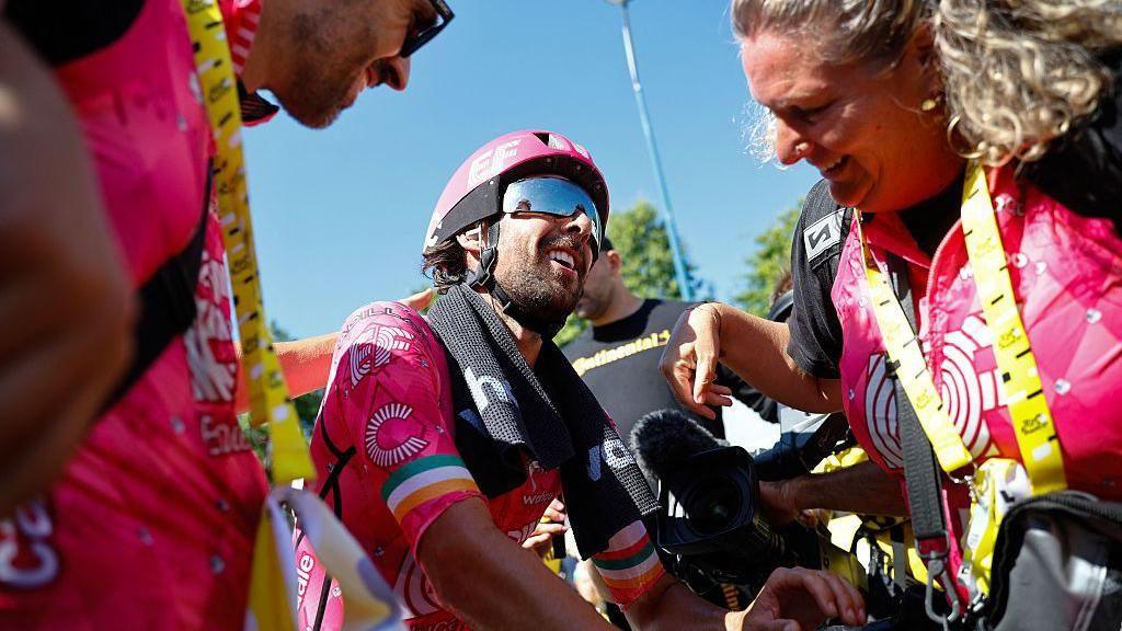 Ben Healy smiles after winning stage six of the 2025 Tour de France