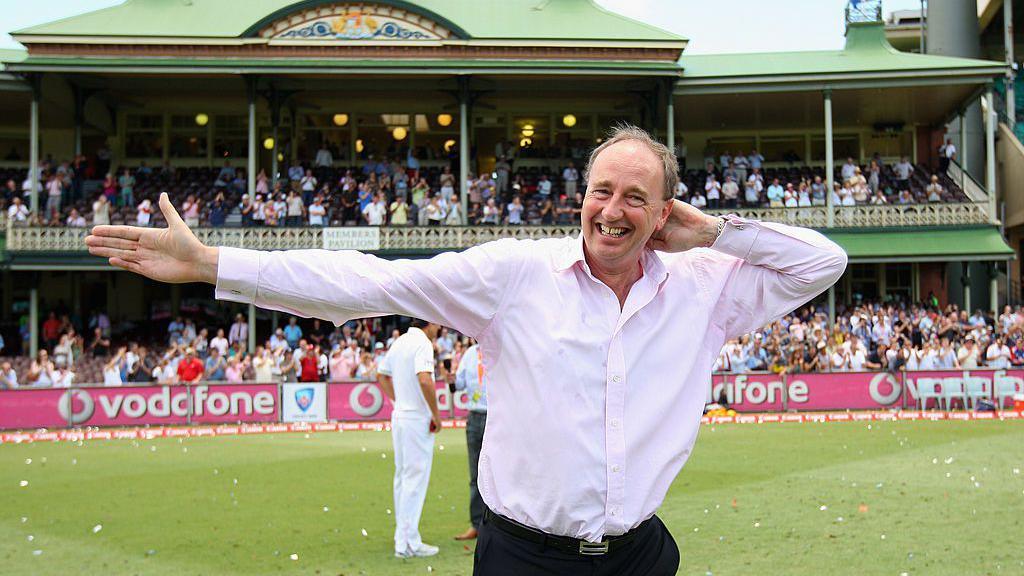 BBC cricket correspondent Jonathan Agnew does the sprinkler celebration after England beat Australia in the 2010-11 Ashes