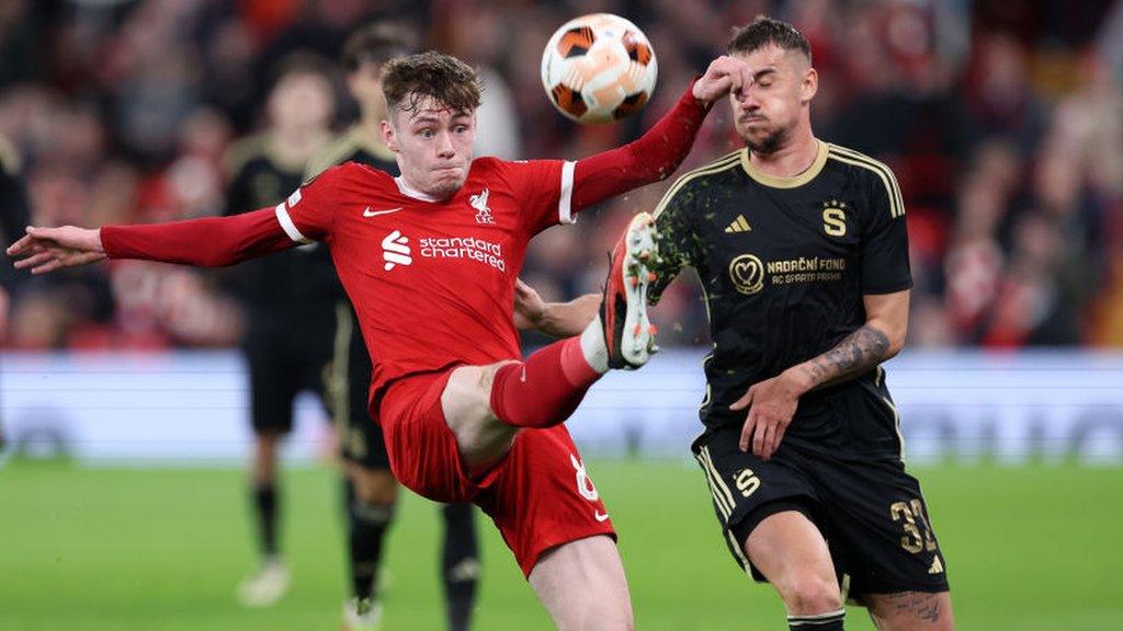 Conor Bradley stretches for the ball in the Europa League win over Sparta Prague at Anfield