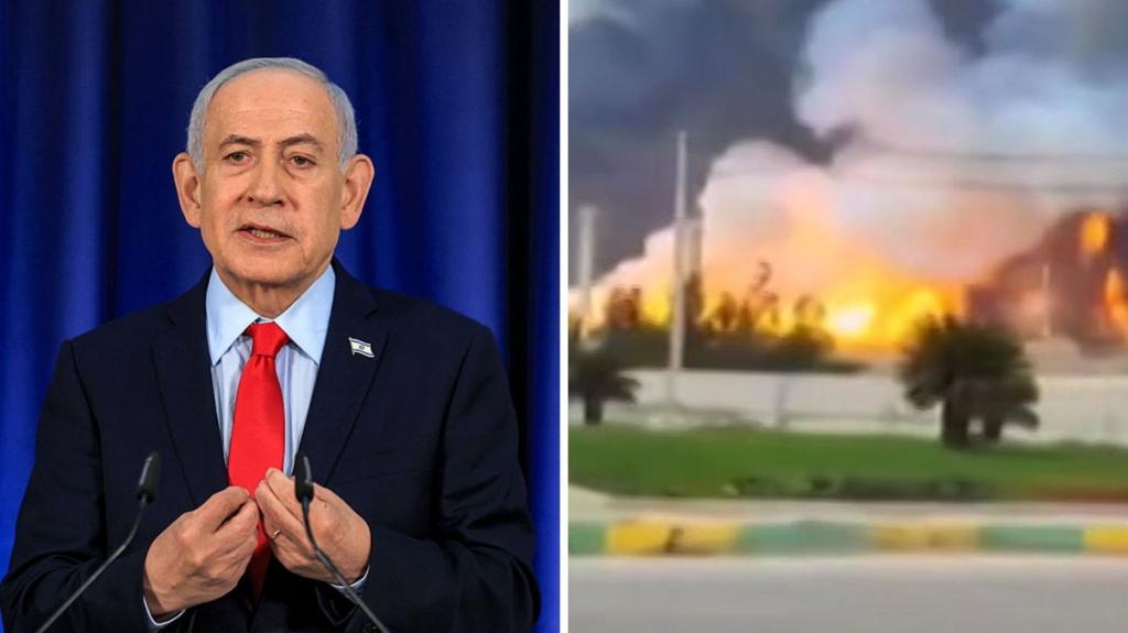 Split image of Israeli Prime Minister Netanyahu and an explosion on an energy site.