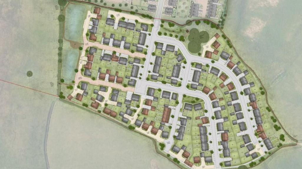 A top-down plan showing the layout of an 150 home development in a rural area