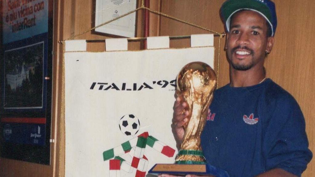 Jimmy Banks poses with a World Cup trophy