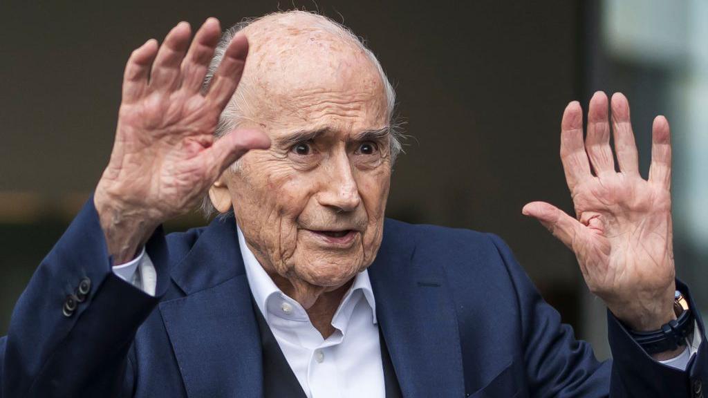Sepp Blatter celebrates after the verdict which cleared him in March 2025