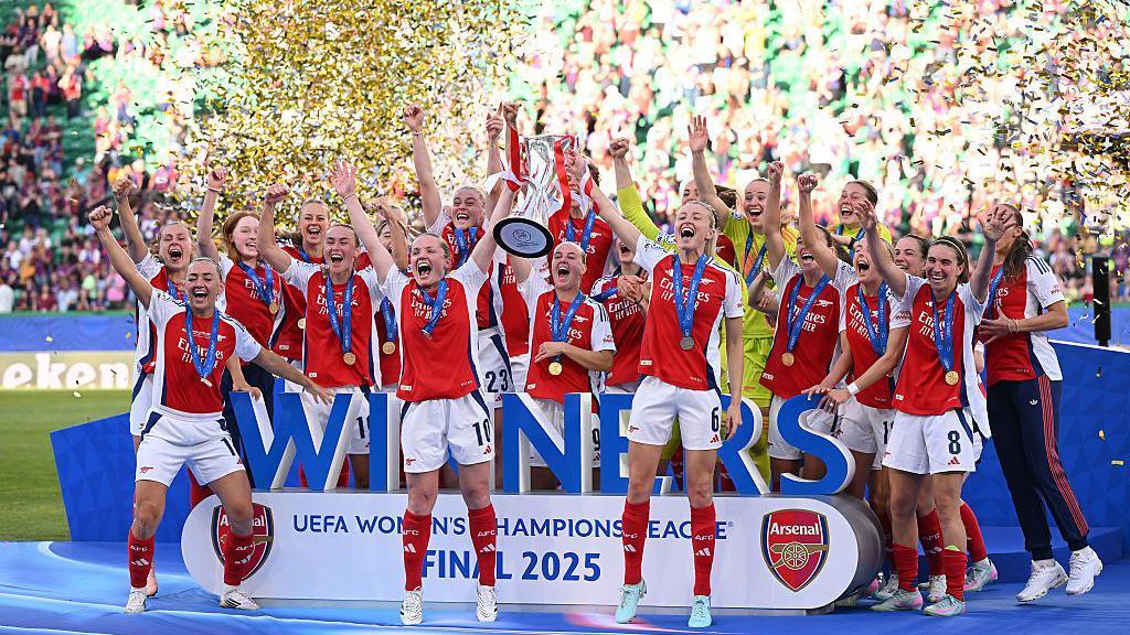 Arsenal lifting the Uefa Women's Champions League trophy in May.