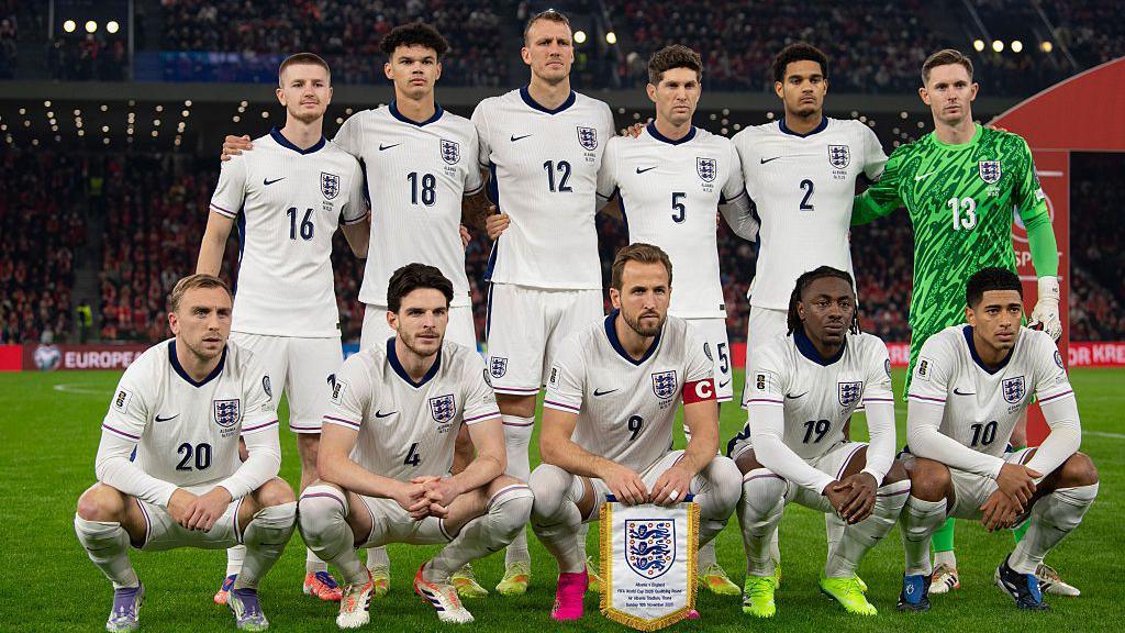England pose for a team photograph prior to the FIFA World Cup 2026 qualifier match between Albania and England at Air Albania Stadium.