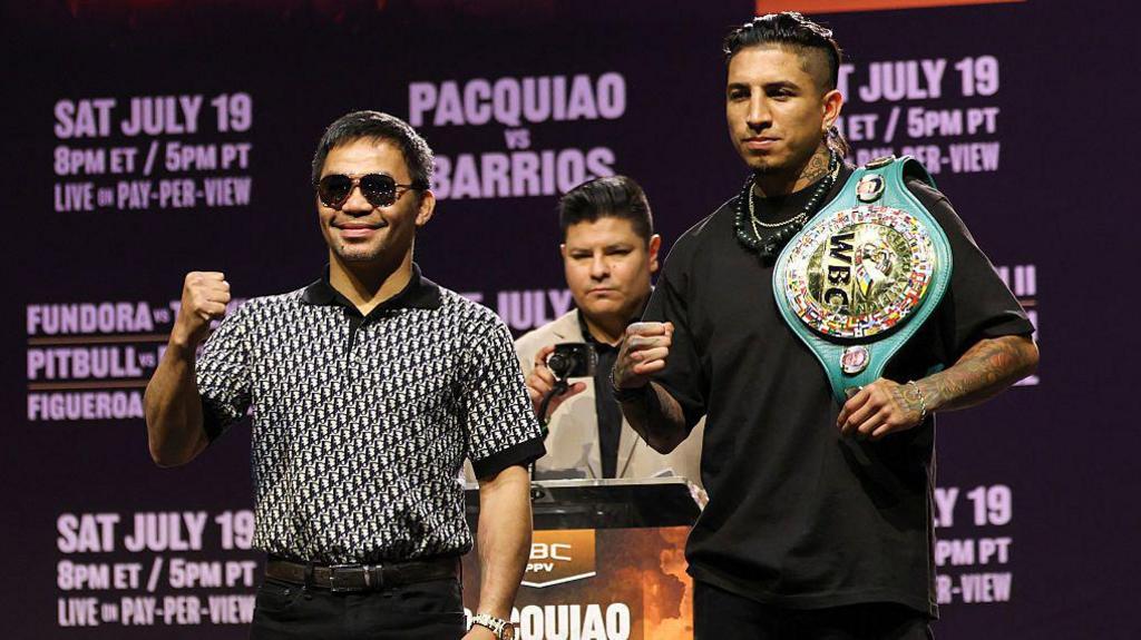 Mario Barrios and Manny Pacquiao pose for cameras after face-off