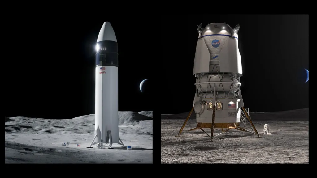 Two landing craft on the moon's surface in a mocked-up image.