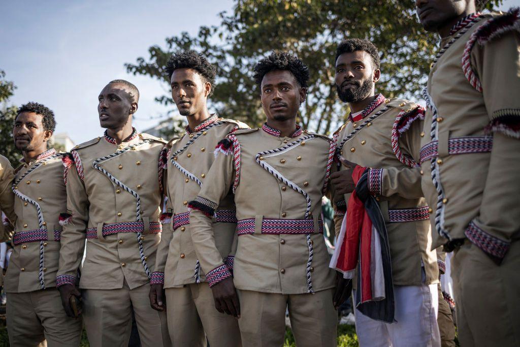 Men from the Oromo community wear ceremonial uniforms as they gather at Meskel square to celebrate 'Irreecha' in Addis Ababa.