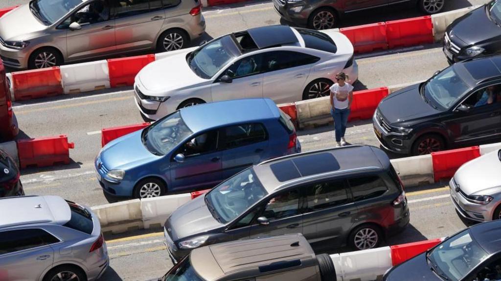 Traffic queuing for the Port of Dover in Kent.