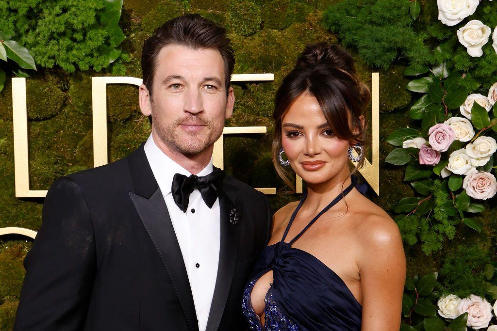 Miles Teller and Keleigh Sperry attend the 2025 Golden Globe Awards