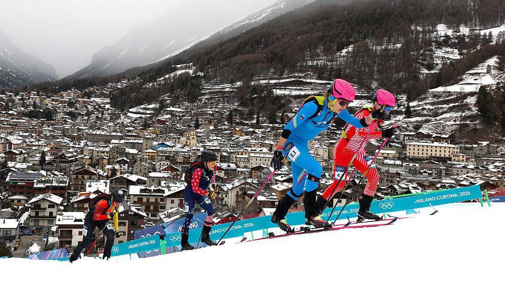 Alba de Silvestro of Team Italy competes during the Ski Mountaineering Mixed Relay on day fifteen of the Milano Cortina 2026 Winter Olympic games at Stelvio Alpine Skiing Centre on February 21, 2026 in Bormio, Italy.