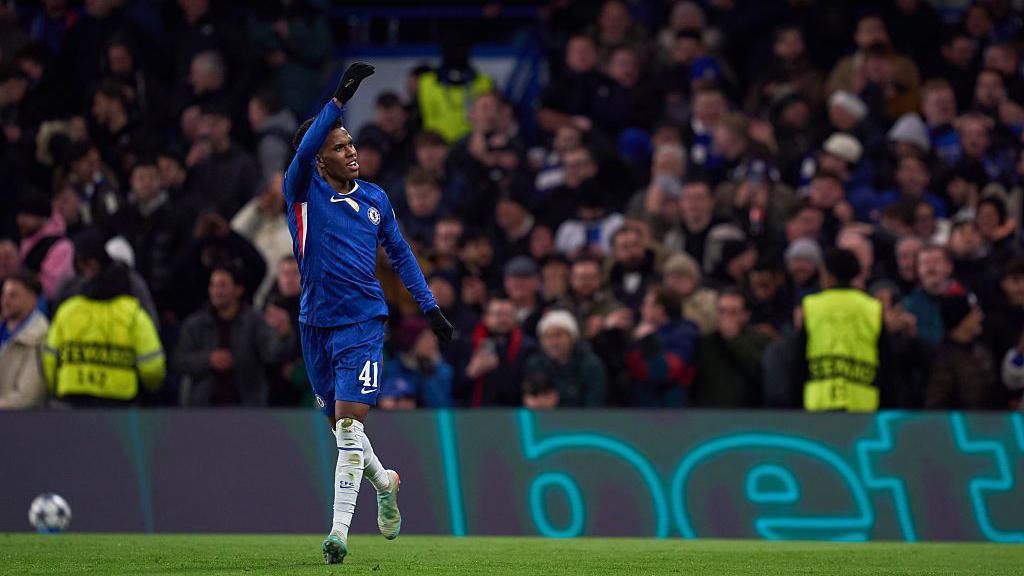  Estevao celebrates after scoring his team's second goal against Barcelona