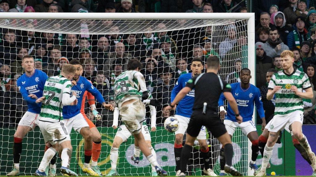 Paulo Bernardo scores against Rangers during the December 2023 Old Firm clash