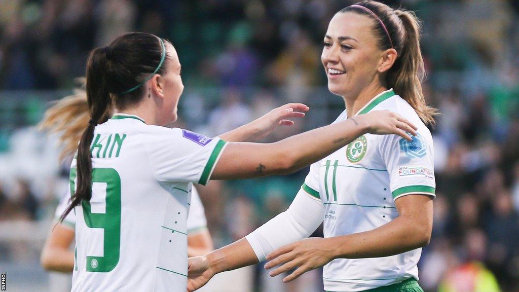 Abbie Larkin celebrates with Katie McCabe after setting up the Arsenal star's first goal