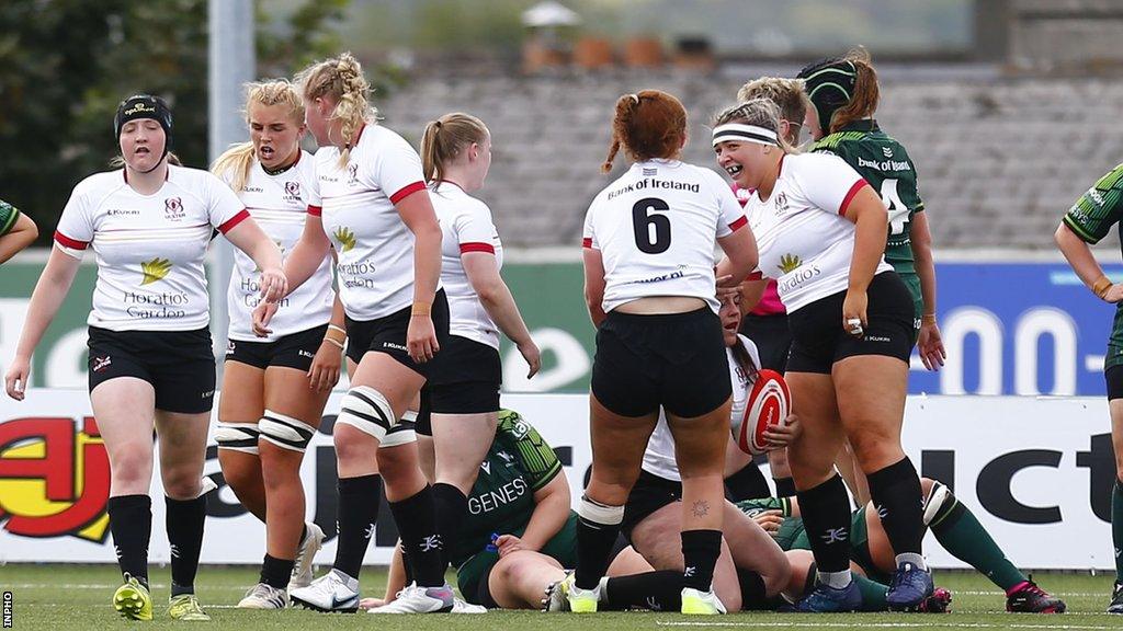 Ulster’s Aishling O'Connell celebrates scoring a try with teammates