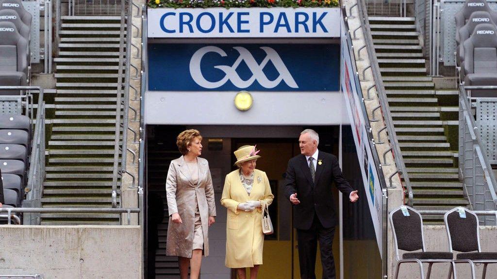 Queen Elizabeth II (centre), with Irish President Mary McAleese (left) and GAA president Christy Cooney at Croke Park in May 2011