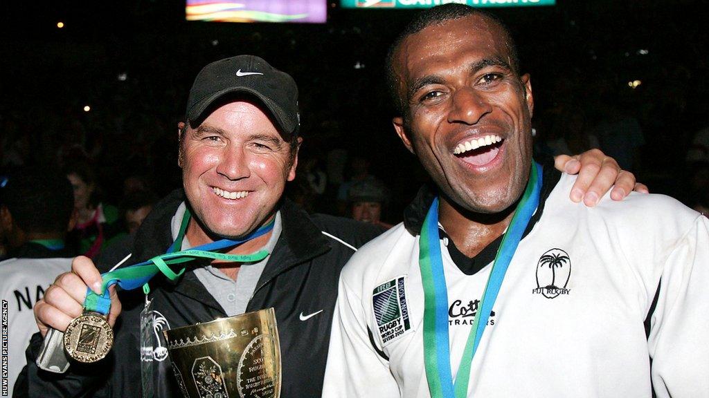 Fiji coach Wayne Pivac and Sireli Bobo with the Melrose Trophy after defeating New Zealand to win the 2005 Sevens Rugby World Cup