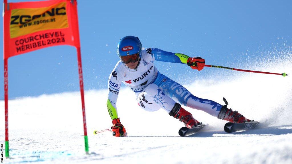 Mikaela Shiffrin competing in the giant slalom in Meribel