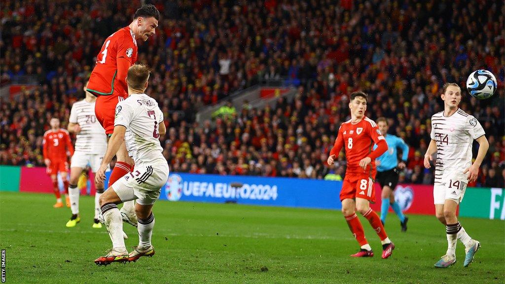 Kieffer Moore scores Wales' opening goal