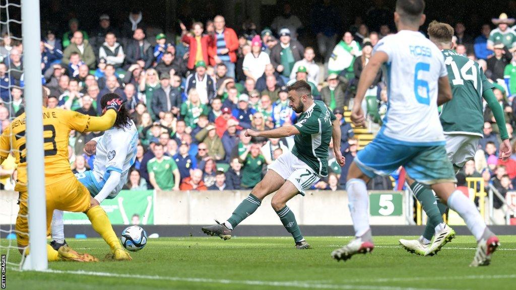 Conor McMenamin fires home to make it 3-0 in Saturday's qualifier at Windsor Park