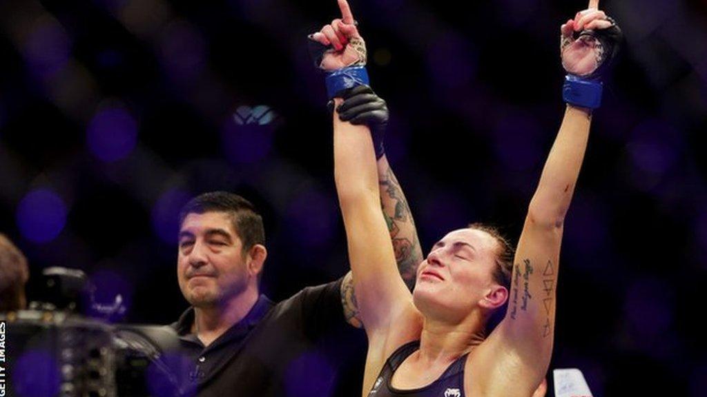 Casey O’Neill of Scotland reacts after winning her women’s flyweight fight against Roxanne Modafferi via split decision during UFC 271 at Toyota Center