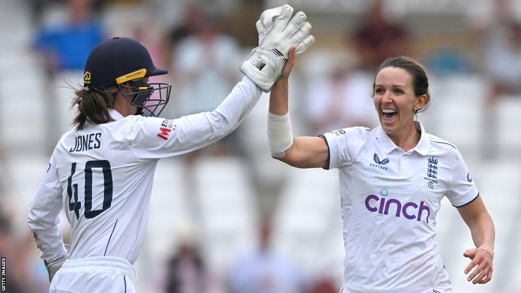 England's Kate Cross celebrates with Amy Jones after taking a wicket in the Women's Ashes Test against Australia