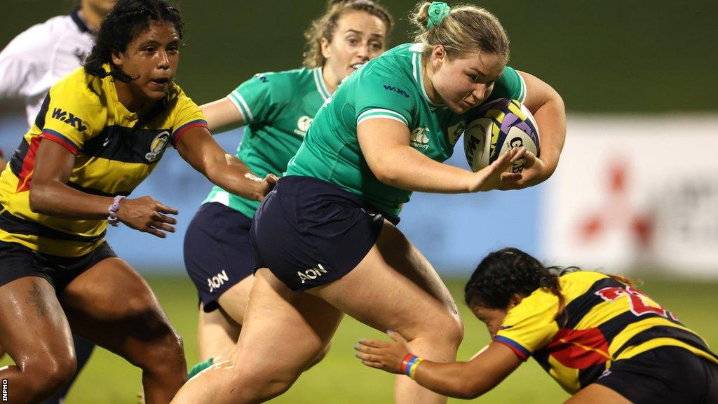 Ireland replacement Sadhbh McGrath is tackled by Laura Villota in Saturday's game