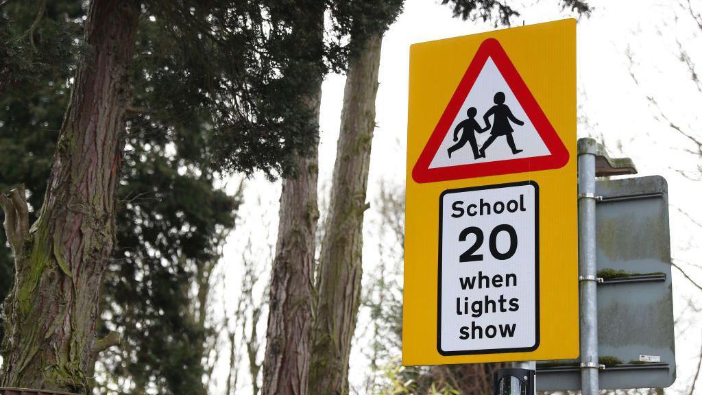 A yellow traffic sign has a red triangle with silouhettes of children in it. Below is a box saying "School 20 when light's show" 