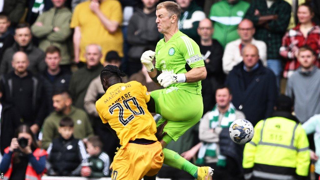 Celtic goalkeeper Joe Hart fouls on Livingston's Mo Sangare