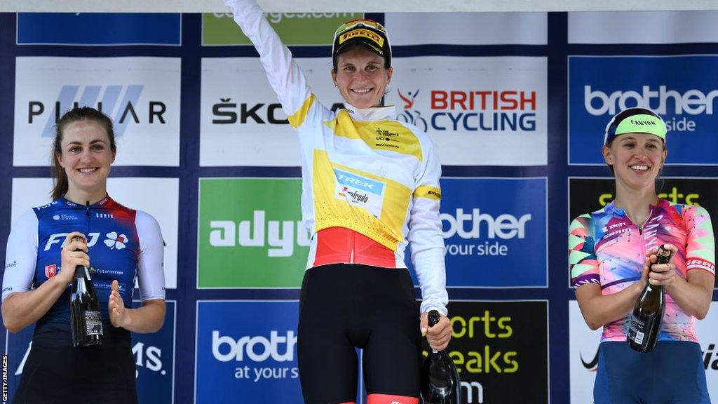 Grace Brown, race winner Elisa Longo Borghini and Katarzyna Niewiadoma on the podium in Oxford after The Women's Tour in 2022