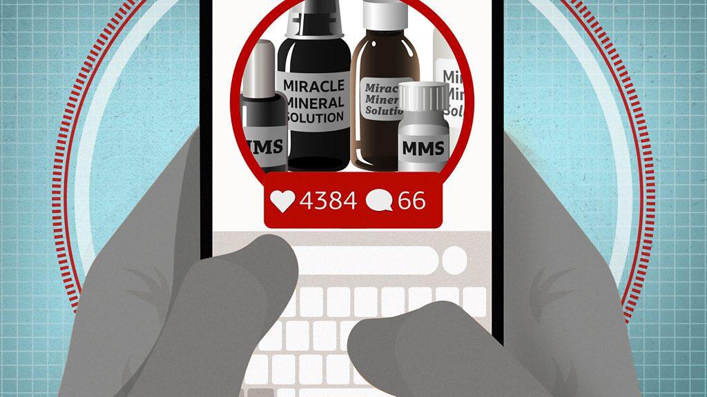 Illustration of a mobile showing an image of bottles labelled Miracle Mineral Solution