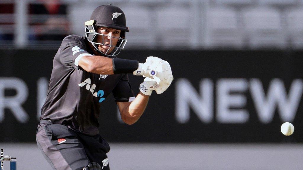 New Zealand's Rachin Ravindra plays a shot