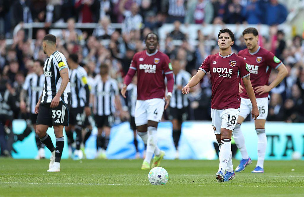 West Ham players react after Newcastle United score at St James' Park on 17 May, 2026